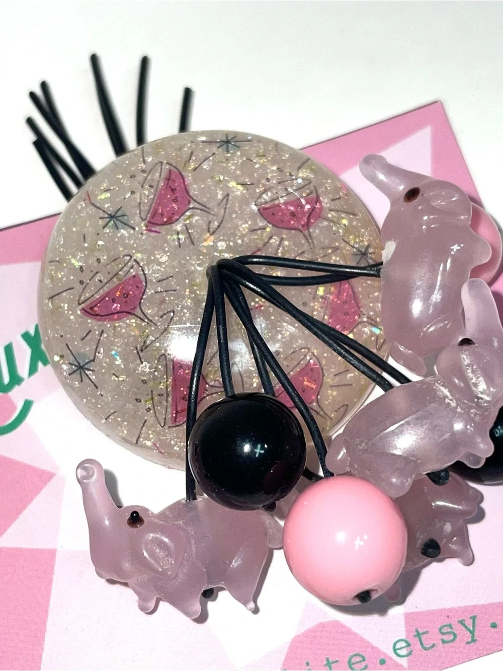 Luxulite Pink Elephants On Parade Brooch and Earrings Set